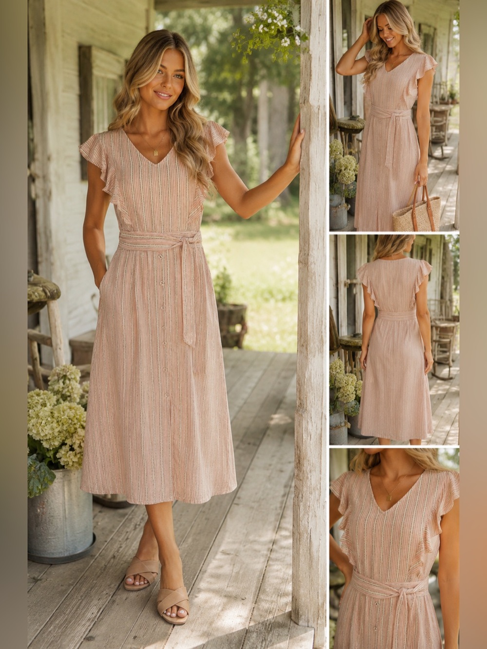 Skies Are Blue Linen Cotton Stripe Midi Dress Belted Flutter Sleeve M Minimalist